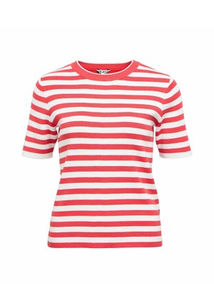 Chemise à manches courtes rayée horizontalement rouge et blanche, avec un col rond et un col en côte.