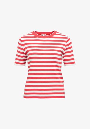 Red and white horizontally striped short-sleeve shirt with a round neckline and ribbed collar.