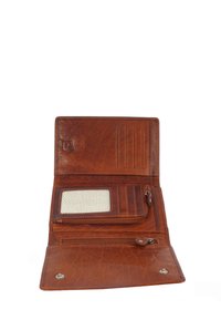 Brown leather wallet with a textured surface, featuring multiple card slots, a clear ID window, and a zippered compartment for coins.