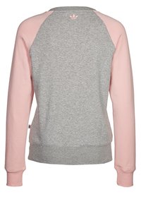 Grå sweatshirt med rosa raglanärmar och ribbad mudd. Mjuk tyg, standard rund halsringning, med en liten logotyp på baksidan av halslinningen.