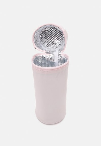 Insulated pink cylindrical container with a metallic silver interior and a lid that opens at the top, ideal for keeping items cool.