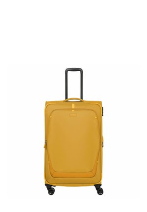 Yellow hard-shell suitcase with a telescopic handle, four black wheels, zippered compartments, and a textured finish.
