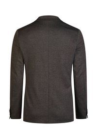 Blazer pour homme gris foncé avec un motif texturé subtil, manches longues et détails de boutons aux poignets, vu de dos.