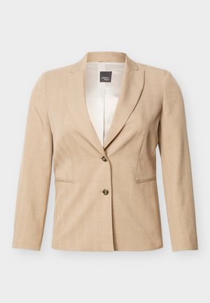 Beige skreddersydd blazer med to knapper og hakkede slag, med innsnittlommer og glatt innerfôr.