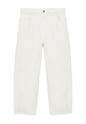 Hvide denim-jeans med lige ben, høj talje, forlommer, bæltestropper, knaplukning og lynlås.
