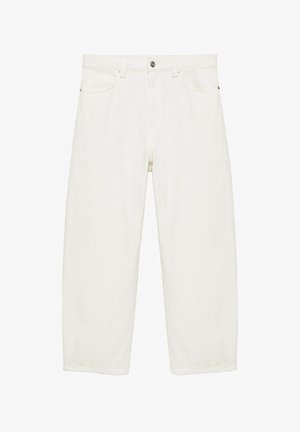Biele rifle z denimu s vysokým pásom a rovnými nohavicami, predné vrecká, pútka na opasok, zapínanie na gombík a zips.