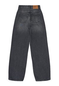 Schwarze, hochtaillierte Weite-Leg-Jeans aus Denim, mit einem verblassten Waschung, zwei Gesäßtaschen und einem strukturierten Lederpatch am Taillenbund.