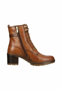 Brown leather ankle boot with side zipper, lace-up front, rounded toe, and chunky wooden heel. Features gold-tone hardware accents.