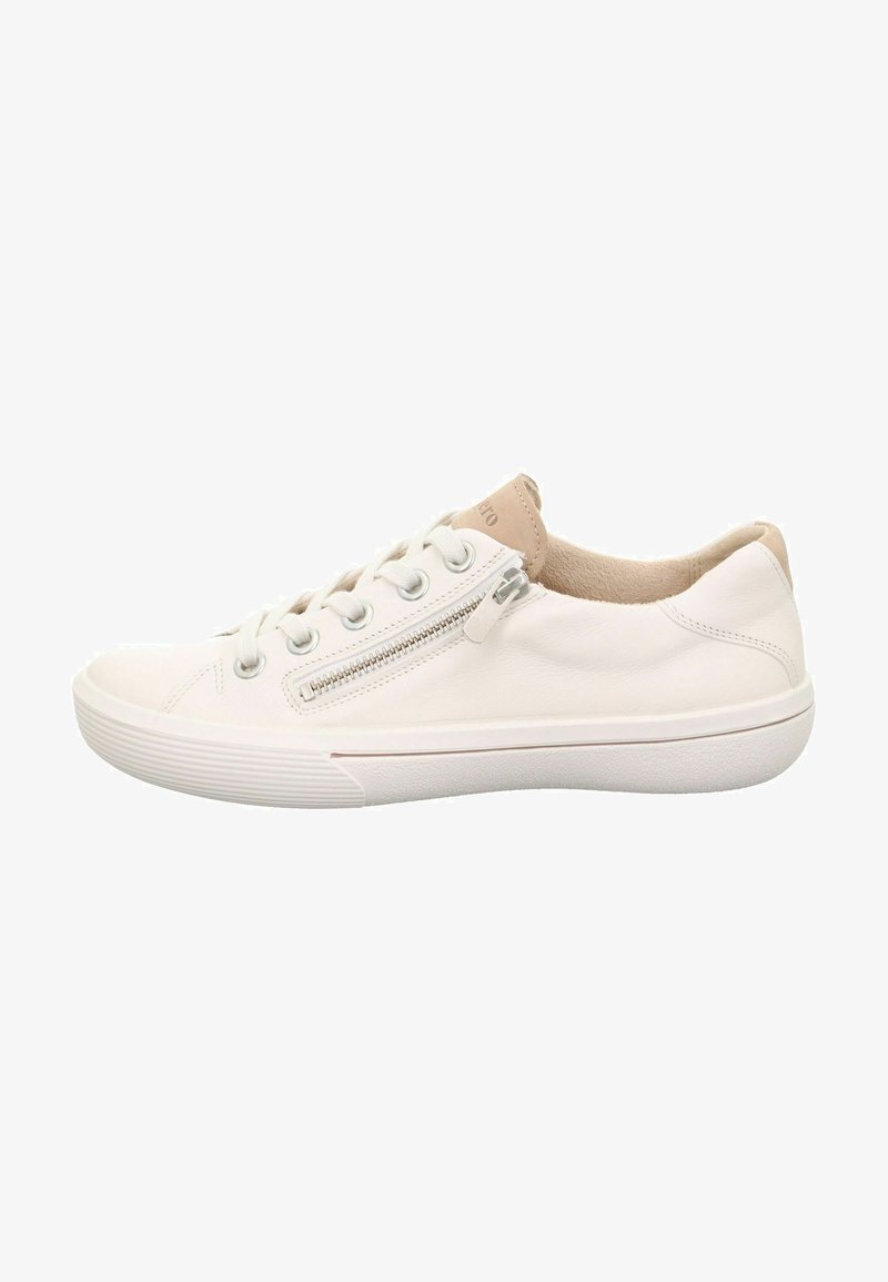 White leather sneaker with a rounded toe, textile lining, lace-up closure, side zipper, and a textured rubber sole. Tan back accent.