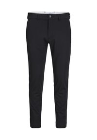 Schwarze, schmal geschnittene Hose aus glattem, leichtem Stoff. Verfügt über einen Knopfverschluss, Gürtelschlaufen und ein zulaufendes Design am Knöchel.