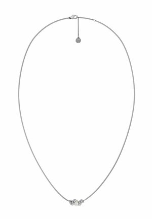 Silver chain necklace with a single white pearl centered between two smooth silver beads and a lobster clasp with adjustable extension.