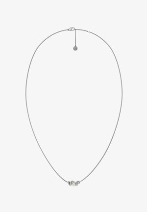 Silver chain necklace with a single white pearl centered between two smooth silver beads and a lobster clasp with adjustable extension.