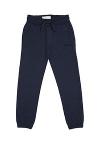 Pantaloni sportivi blu navy realizzati in tessuto morbido, con vita elasticizzata, tasche laterali e polsini svasati. Dettaglio del logo ricamato discreto.
