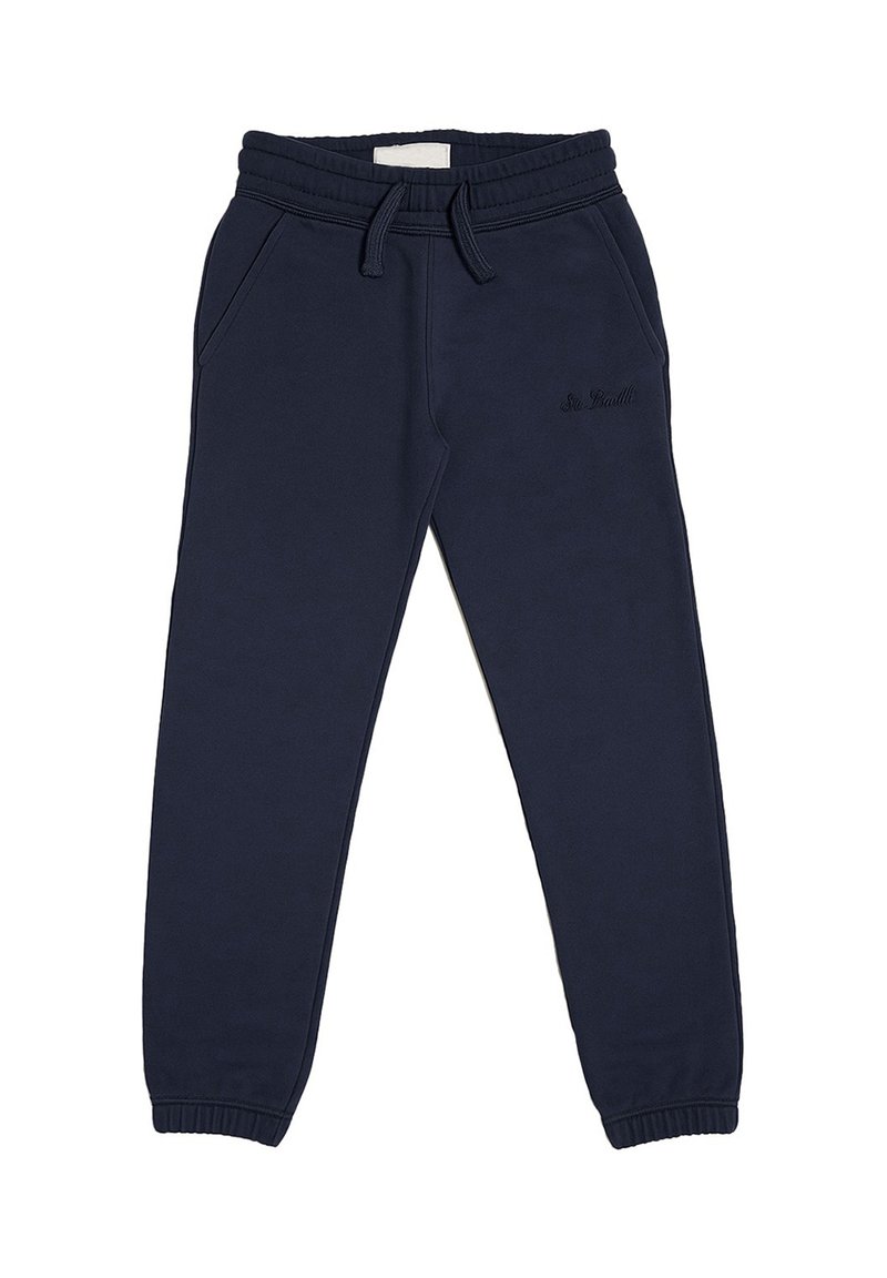 Pantaloni sportivi blu navy realizzati in tessuto morbido, con vita elasticizzata, tasche laterali e polsini svasati. Dettaglio del logo ricamato discreto.