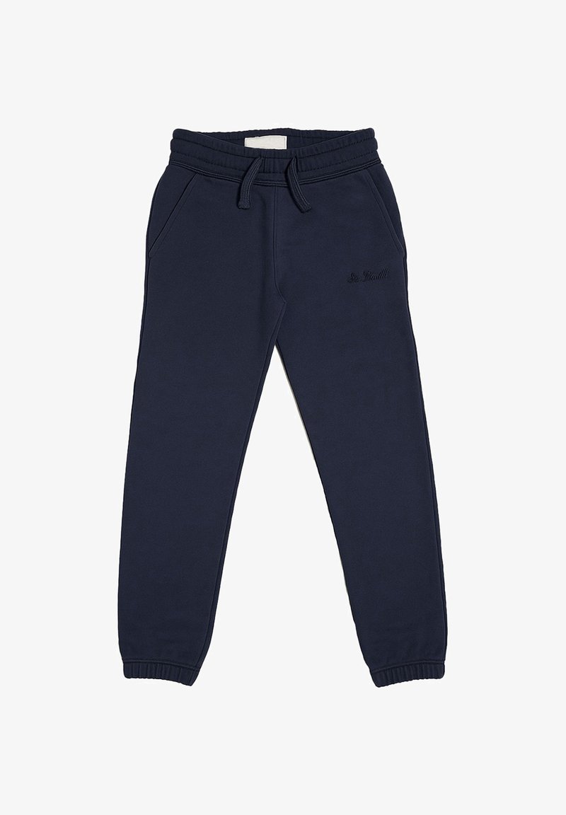 Pantaloni sportivi blu navy realizzati in tessuto morbido, con vita elasticizzata, tasche laterali e polsini svasati. Dettaglio del logo ricamato discreto.