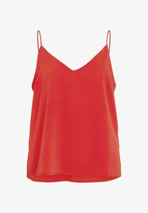 Sarkana bez piedurknēm ar V veida kakla izgriezumu, izgatavota no gludas auduma, ar spageti lentēm un brīvi plūstošu formu.