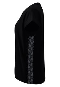 T-shirt nera realizzata in tessuto morbido, dotata di maniche corte, scollo tondo e un motivo grafico verticale grigio sul lato.