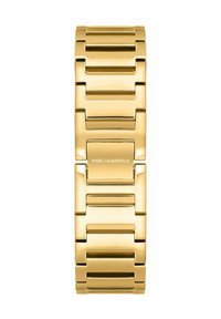 Orologio con bracciale in metallo dorato con maglie intrecciate, caratterizzato da una finitura liscia e lucida. Logo "Karl Lagerfeld" sulla chiusura.