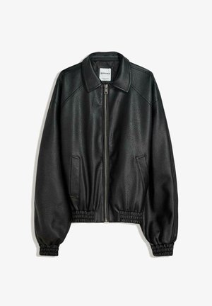 Black leather jacket with a zip front, side pockets, and gathered cuffs. Features a structured collar and textured finish.