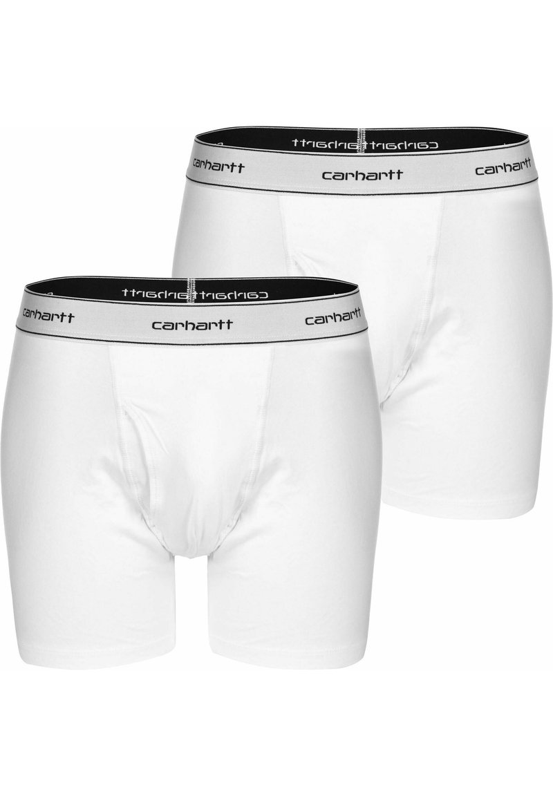 Boxer-briefs en coton blanc, avec une ceinture élastique noire portant le logo "Carhartt". Texture lisse, coupe standard et longueur mi-cuisse.