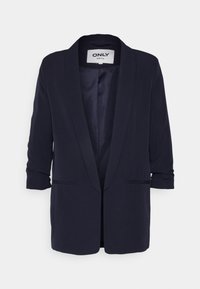Blazer navy con collo a scialle, apertura frontale e maniche a tre quarti. Presenta due tasche frontali e un tessuto leggero e liscio.