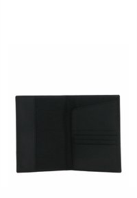 Portefeuille en cuir noir avec plusieurs emplacements pour cartes, texture lisse et design épuré et minimaliste. Ouvert pour montrer son agencement intérieur.