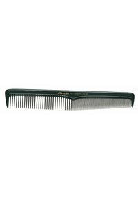 Green carbon comb with a tapered handle, fine and wide teeth, smooth texture, and gold branding. Length emphasizes precision styling.