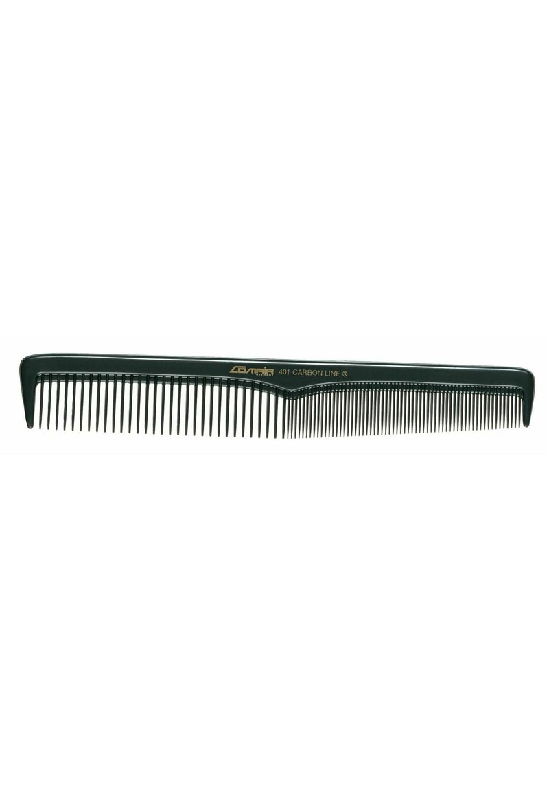 Green carbon comb with a tapered handle, fine and wide teeth, smooth texture, and gold branding. Length emphasizes precision styling.