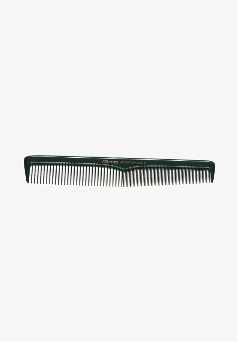 Green carbon comb with a tapered handle, fine and wide teeth, smooth texture, and gold branding. Length emphasizes precision styling.