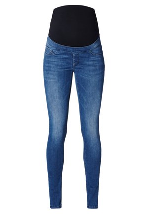 Zwangere jeans in donkerblauwe denim met een rekbare zwarte panel bovenaan. Ontworpen met een slim fit en traditionele vijf-zakken stijl.
