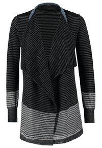 Svart och grå randig cardigan med draperad front, långa ärmar och en gradienteffekt från mörkt till ljust vid fållen. Blandad bomullstyg.