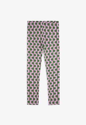 Helanke s ponavljajućim uzorkom zelenih i ružičastih geometrijskih oblika, s elastičnim pojasom i glatkom teksturom.