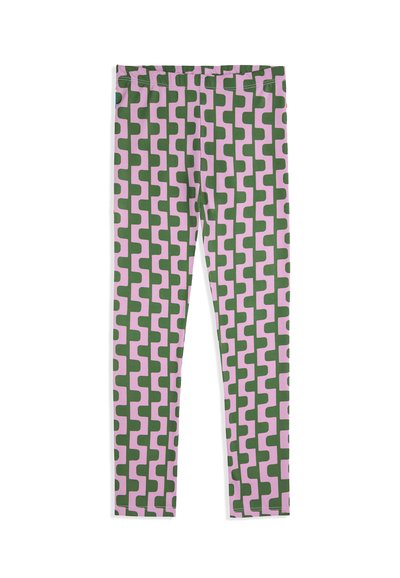 Leggings met een herhalend patroon van groene en roze geometrische vormen, met een elastische tailleband en een gladde textuur.