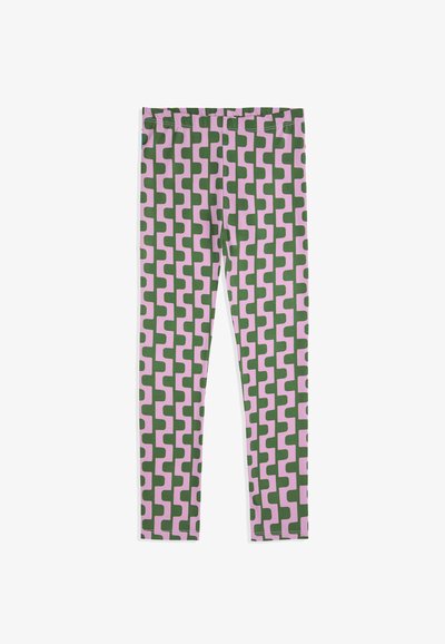 Leggings met een herhalend patroon van groene en roze geometrische vormen, met een elastische tailleband en een gladde textuur.