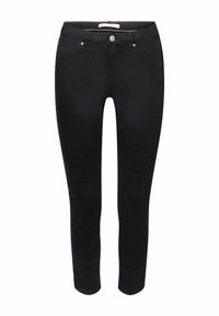 Jeans de denim negro con un ajuste slim, diseño de cinco bolsillos, cremallera y un solo botón de metal en la cintura. Textura suave.
