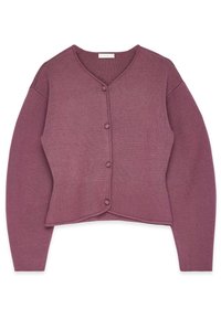 V-izrez, skrajšan kardigan iz mehke teksturirane tkanine, s petimi gumbi na sprednji strani, v potlačeni mauve barvi. Široki rokavi.