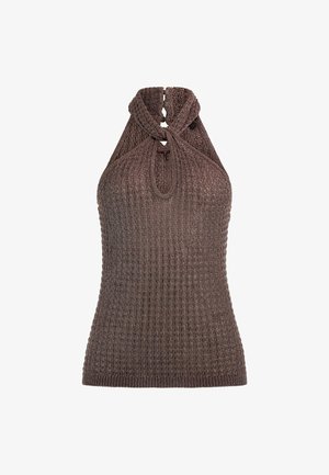 Haut halter côtelé marron avec un détail en trou de serrure au niveau du col, présentant un matériau en tricot texturé et une coupe ajustée.