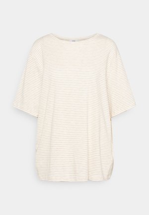 Stribet T-shirt i creme med lysebrune striber, med rund halsudskæring, korte ærmer og en løstsiddende pasform. Blødt stof.