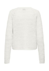Pull blanc tricoté à manches longues avec un motif ajouré texturé et un col rond, vu de dos.