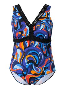 Maillot de bain une pièce avec un décolleté en V profond, bordure tressée noire et tourbillons abstraits colorés en tons bleu, orange, rouge et violet.