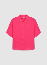 Chemise à manches courtes de couleur rose vif, dotée d'un col classique, d'une patte de boutonnage sur le devant et d'une texture lisse. Design simple sans motifs ni accents.