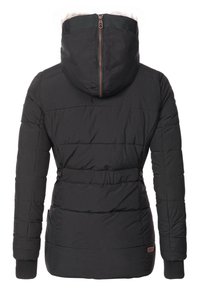 Black padded jacket with a hood, featuring a zip closure, faux fur trim, ribbed cuffs, and a belted waist for a tailored silhouette.