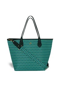 Tote bag in teal with geometric pattern, black leather accents, and detachable strap. Features two handles and a zip closure.