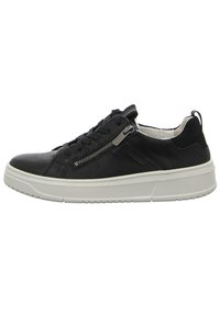 Schwarze Ledersneaker mit einer weißen Sohle, versehen mit Schnürsenkeln und einem seitlichen Reißverschluss. Strukturierte Akzente im Obermaterial sorgen für Kontrast.