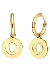 Gouden hoepeloorbelletjes met een circulair ontwerp en uitsparingen in ovale vormen in het midden. Glad, glanzend oppervlak met een gepolijste afwerking.