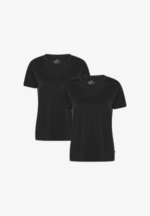 Zwarte crew-neck t-shirts, gemaakt van zachte stof. Heeft korte mouwen en een rechte zoom. Twee shirts worden voor elkaar getoond.