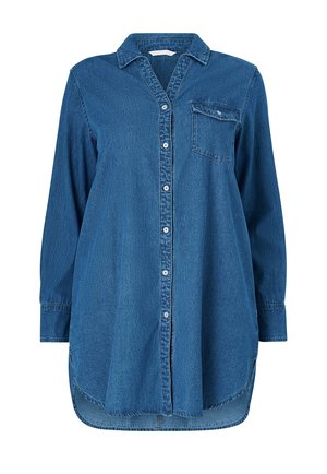 Blauw denim overhemd met lange mouwen, knoopsluiting aan de voorkant, kraag en een enkele borstzak; relaxte pasvorm met afgeronde zoom en gestructureerde stof.