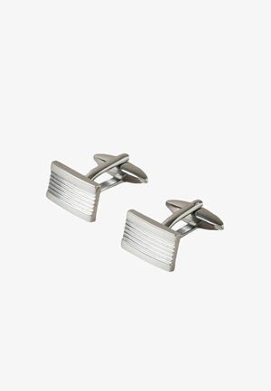 Silver-toned cufflinks with a rectangular shape, featuring horizontal grooves on the front for texture and a sleek, polished finish.