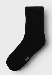 Schwarze Baumwollsocke mit geripptem Bündchen, glatter Textur und runder Zehenpartie. Größe 41-43 nahe der Zehenpartie angegeben.