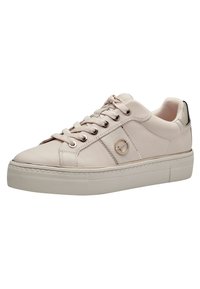 Light pink leather sneaker with a rounded toe, lace-up front, and metallic accents. Textured white rubber sole with decorative stitching.